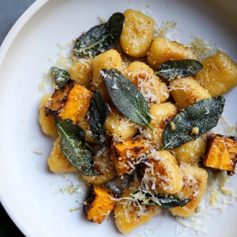 Appetizing plate filled with Rustic Butternut Squash & Sage Brown Butter Gnocchi, tossed in butter, perfectly plated.