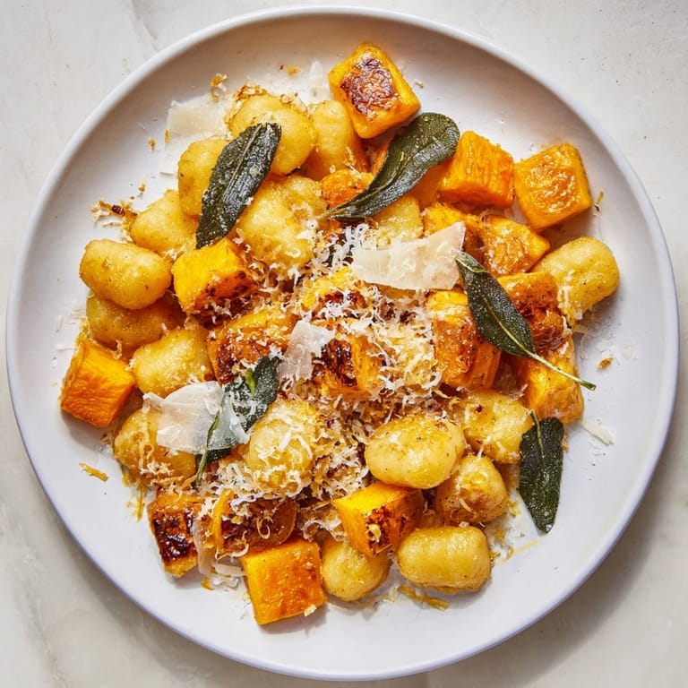 A close-up view of creamy Rustic Butternut Squash & Sage Brown Butter Gnocchi, ready to serve, with fresh parmesan.