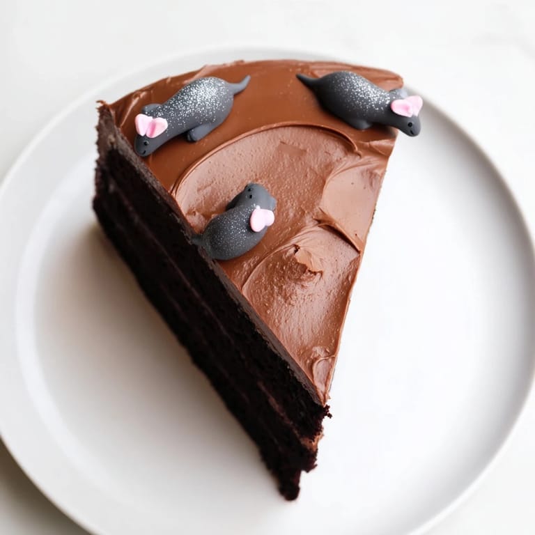 Playful, avant-garde Rat Cake, topped with light, airy whipped chocolate ganache and charming rat figures.