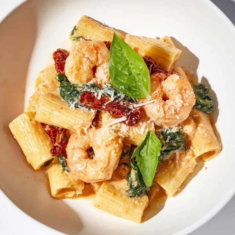 A close-up of delicious One-Pot Marry Me Shrimp Pasta, rich flavors in every bite.