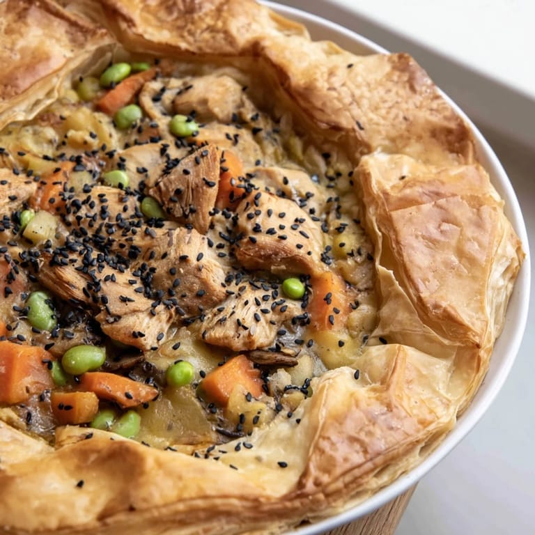 Flaky crust topping a bubbling Japanese-Inspired Chicken Pot Pie, filled with savory chicken and miso gravy.