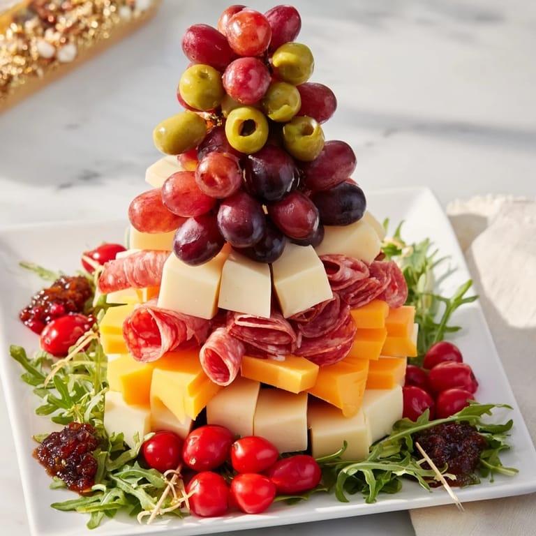 This eye-catching Festive Charcuterie Tree appetizer features colorful cheeses, meats, and festive garnishes.
