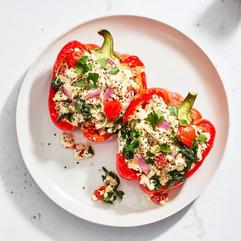 Baked Cottage Cheese Stuffed Bell Peppers are visually appealing, with vibrant peppers and a creamy, cheesy filling.