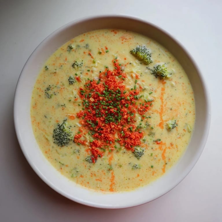 A hearty bowl of broccoli cheddar soup, topped with a vibrant chili crunch for added flavor.
