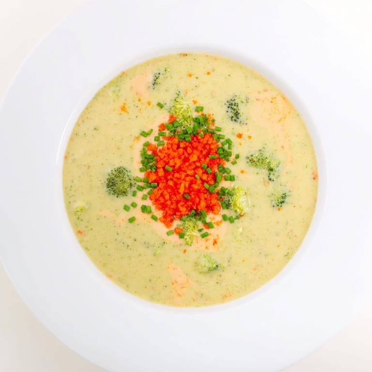 Thick and cheesy broccoli cheddar soup, garnished with chives and irresistible chili crunch topping.