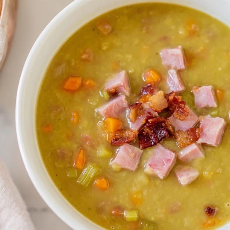 Rich and savory Split Pea Soup with ham and bacon, perfect for a warming, gluten-free meal.