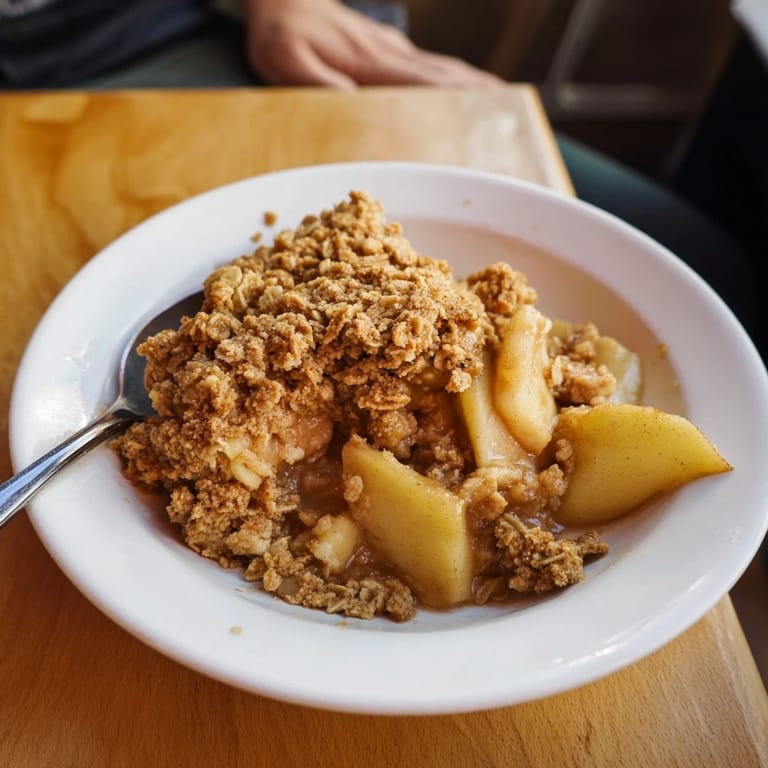 Warm Apple Crisp, fresh from the oven, offering a delightful blend of textures with its oat topping.