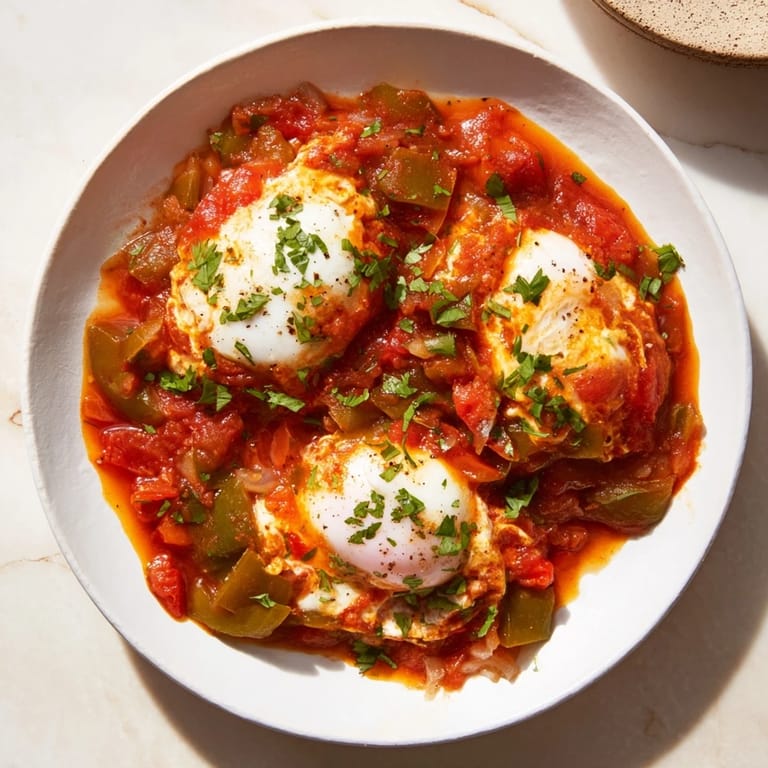 A bubbling skillet of Shakshuka, with its rich tomato sauce and perfectly poached eggs, ready to enjoy.