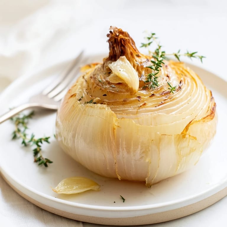 Golden brown onion boil, with visible thyme sprigs, resting on a plate, ready to serve.