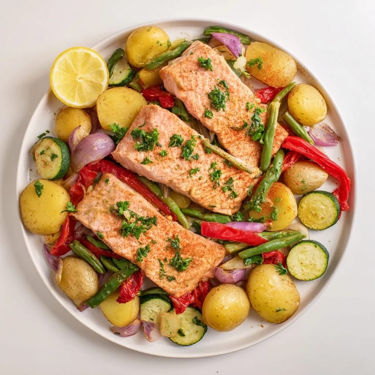 A colorful one-pan Salmon & Potato Skillet with herbs and lemon, perfect for a quick dinner.
