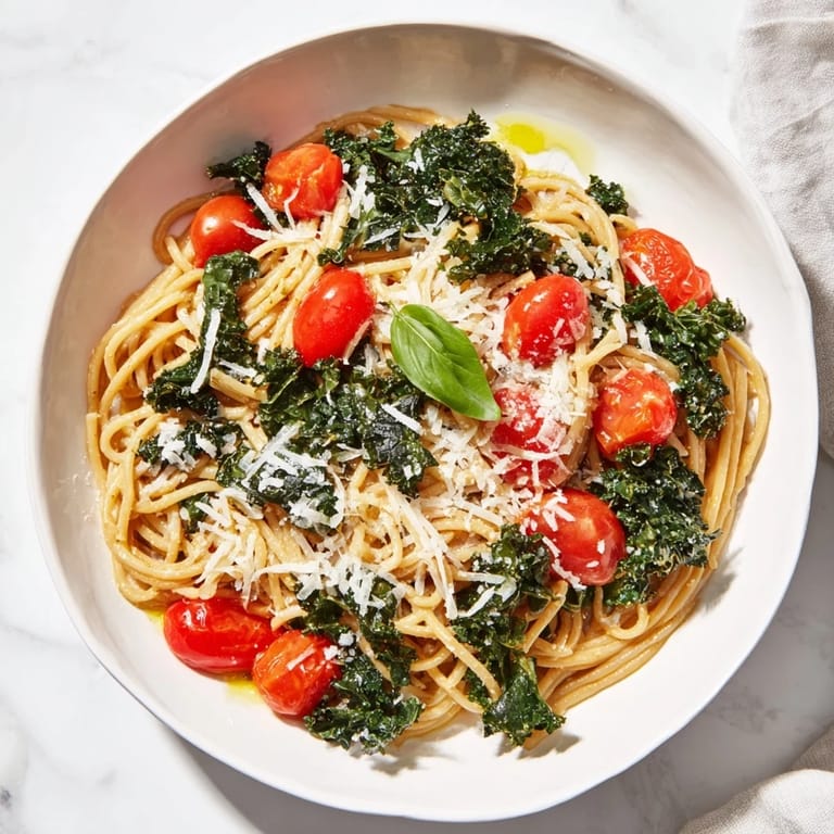 Easy one-pot spaghetti with kale & tomatoes, perfect for a busy weeknight, ready in 30 minutes.