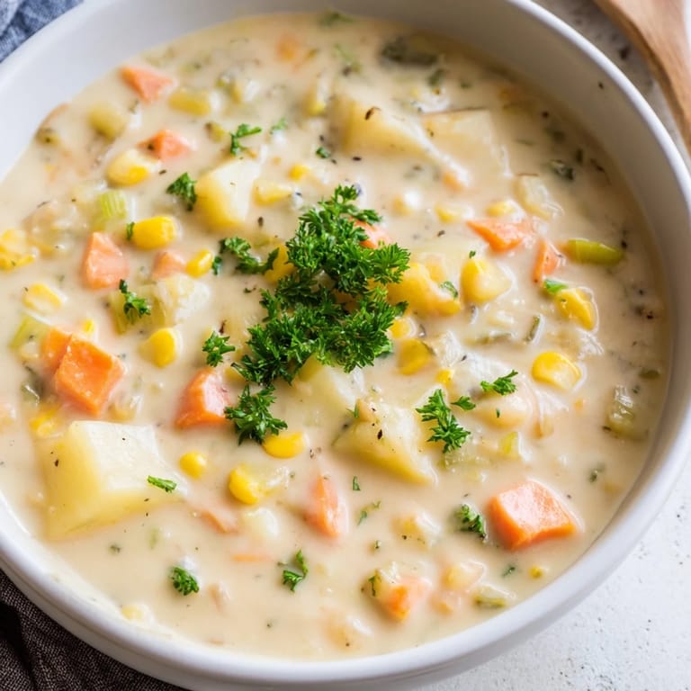 A close-up of creamy Corn & Potato Chowder, showcasing tender potatoes and sweet corn kernels.