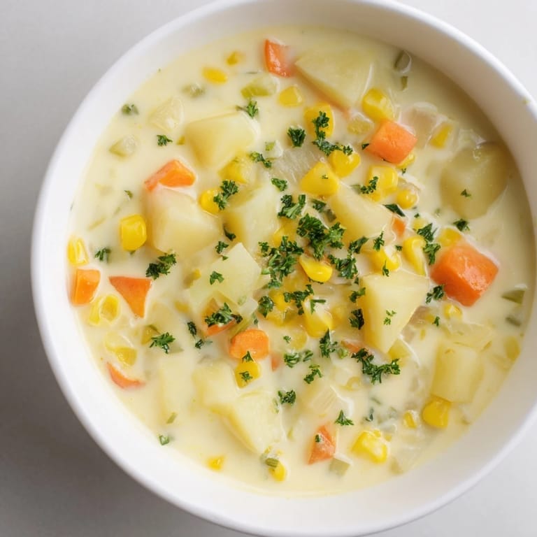 Hearty Corn & Potato Chowder, ready to serve, with optional crumbled bacon for added richness.