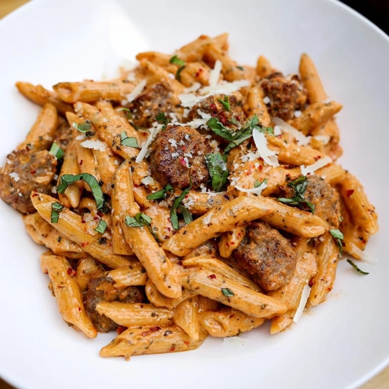 A close-up of the delicious creamy tomato and sausage pasta, highlighting the textures of penne.