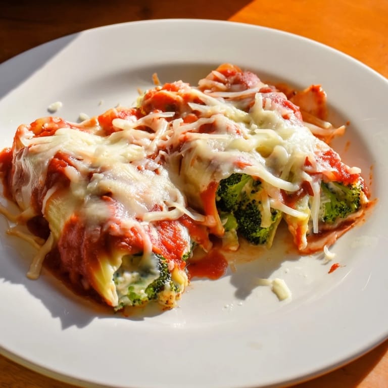 Baked Cozy Broccoli Stuffed Manicotti with a sprinkle of fresh herbs, a hearty vegetarian main course.