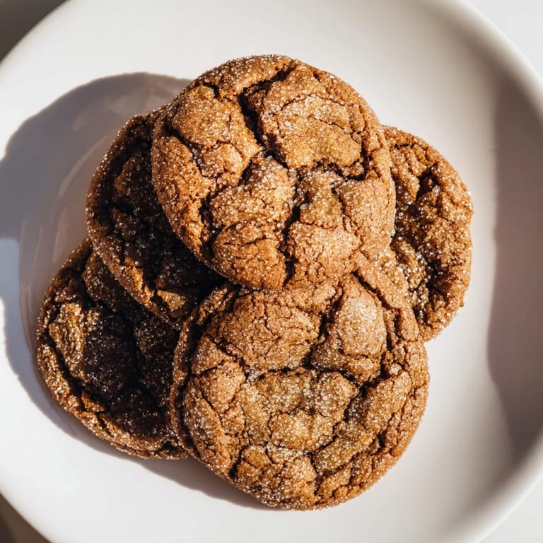 Golden, sugary-crusted chewy soft Molasses Cookies fresh from the oven, offering comforting aromas.