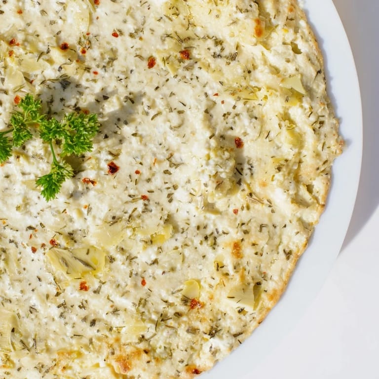 A close-up shot of hot Baked Artichoke Dip, perfect appetizer with crusty bread and crackers.