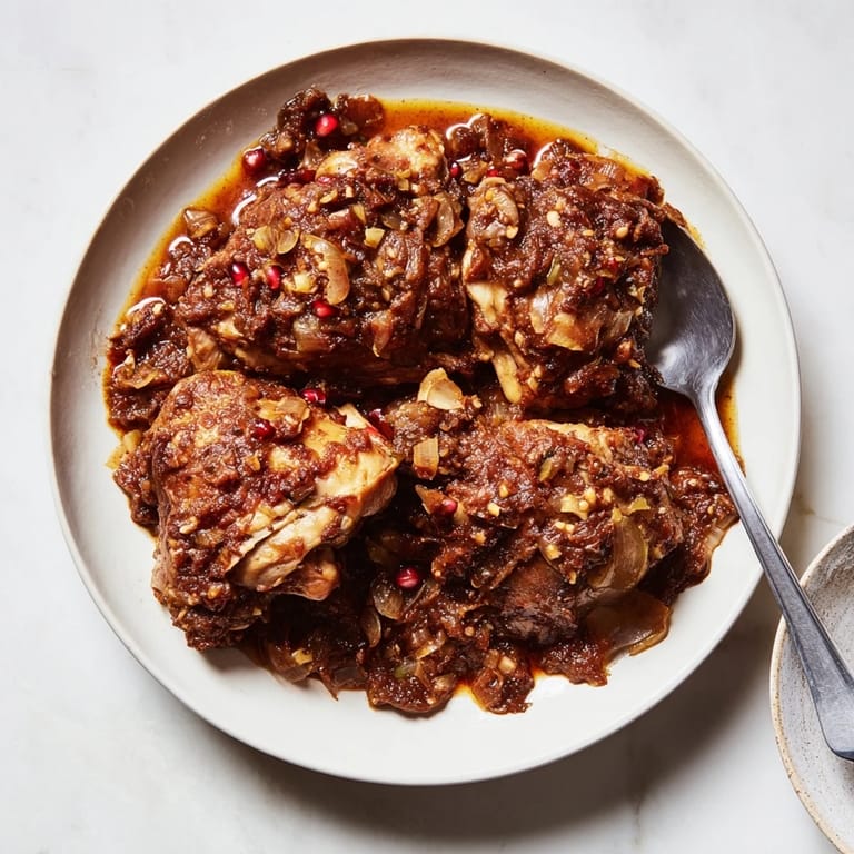 Tender chicken in a luscious Pomegranate Walnut Fesenjan stew, garnished with bright red pomegranate seeds.