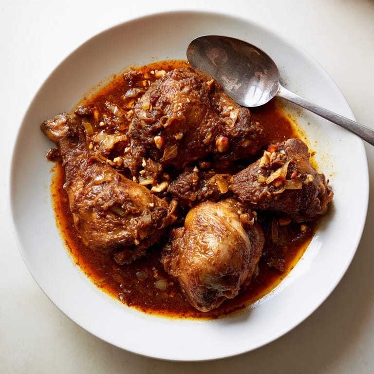 Golden-hued Pomegranate Walnut Fesenjan stew, a Persian dish's aromatic, thick sauce over chicken.