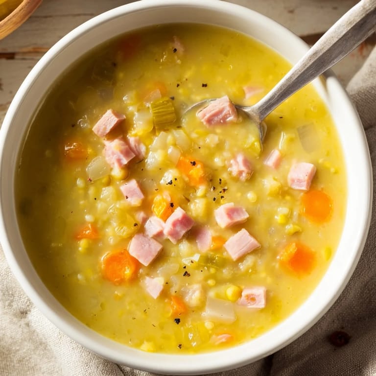 A close-up of the flavorful Split Pea and Ham Soup, with visible chunks of ham and tender vegetables.