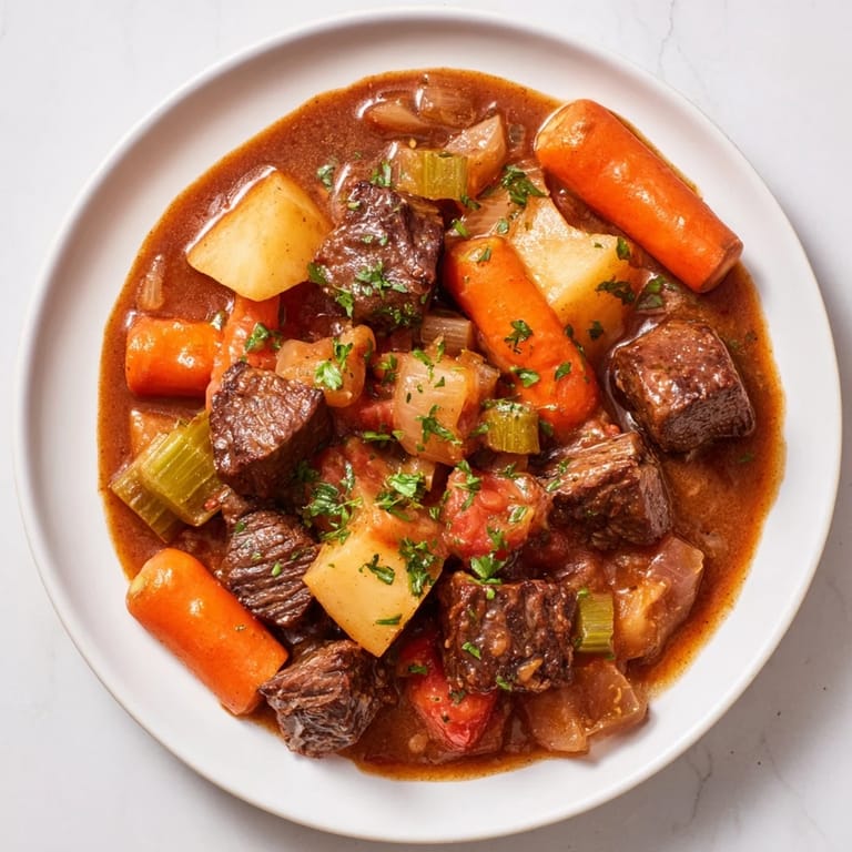 Hearty Instant Pot Beef Stew with a garnish of parsley, perfect for a cozy, delicious dinner.