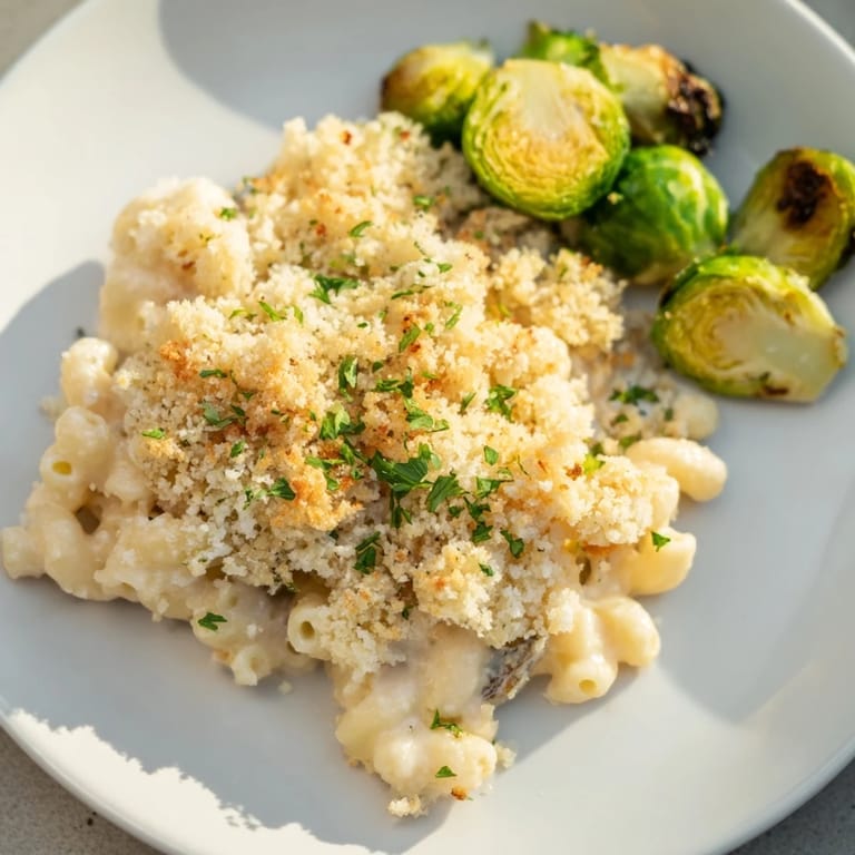 A close-up of sheet pan mac and cheese brimming with cheese and tender Brussels sprouts, a hearty meal.