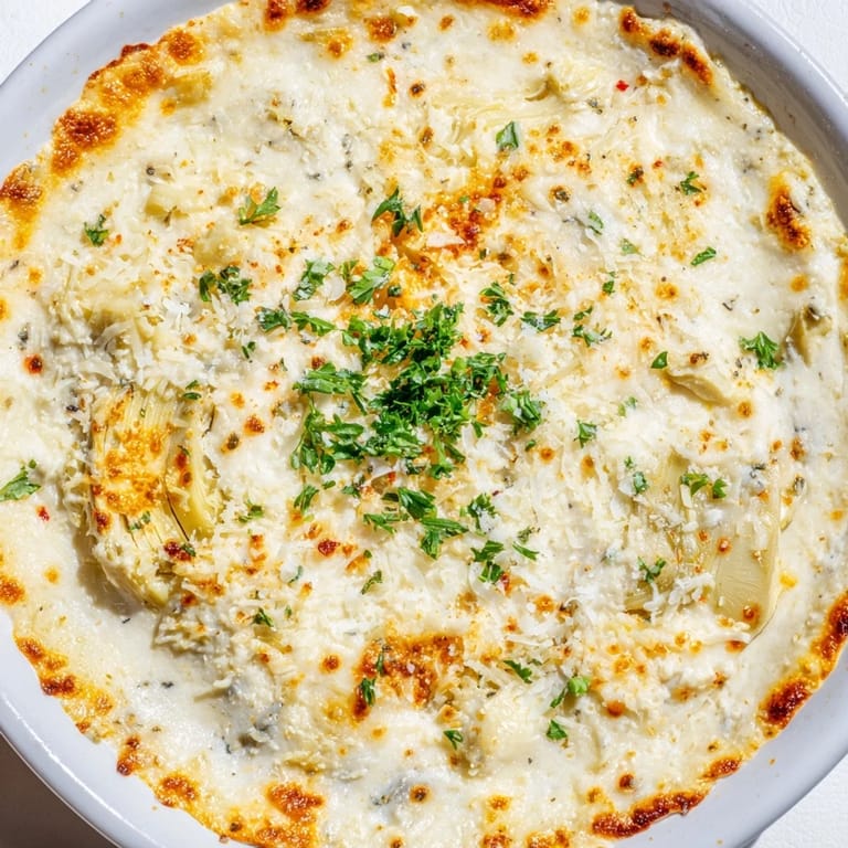 Golden-brown baked artichoke dip with melted cheese, prepared in a baking dish and ready to enjoy.