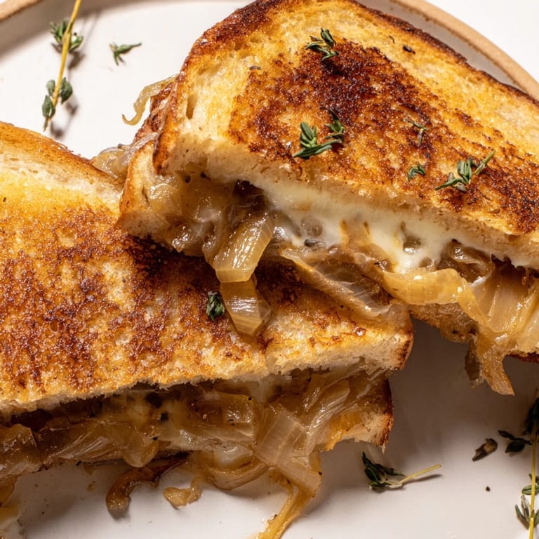 A freshly grilled French Onion Grilled Cheese, showcasing layers of cheese and rich onion filling.