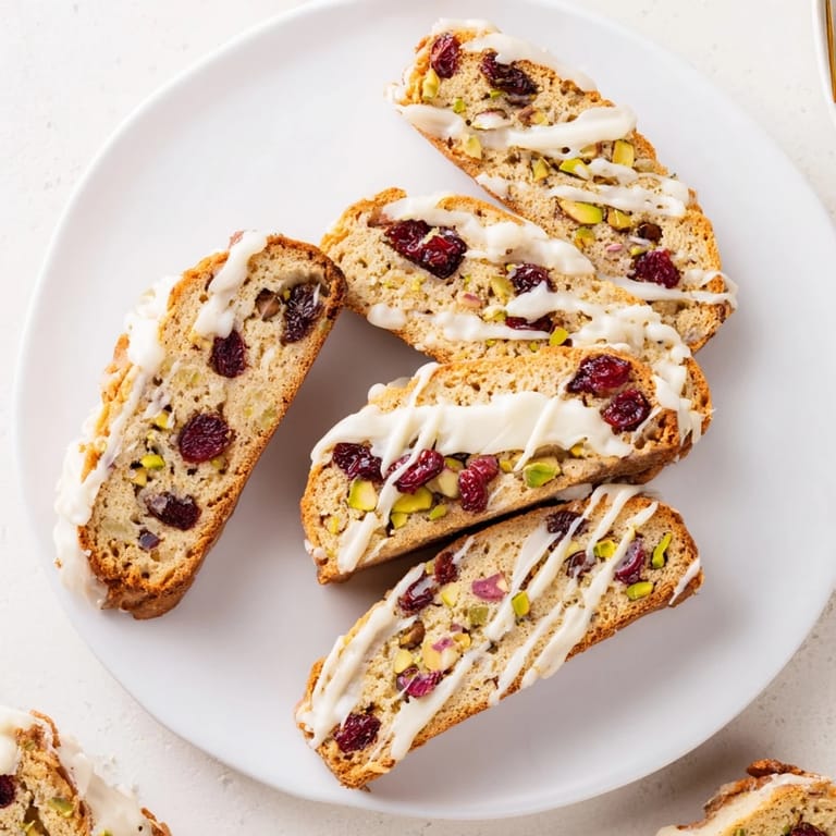 These homemade white chocolate cranberry pistachio biscotti sparkle, coated in drizzled, melted white chocolate.
