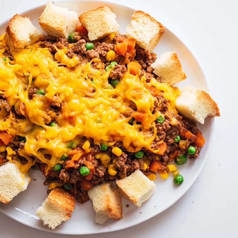 Warm, bubbling 5-Ingredient Sloppy Joe Casserole, loaded with ground beef, veggies, and cheddar cheese.