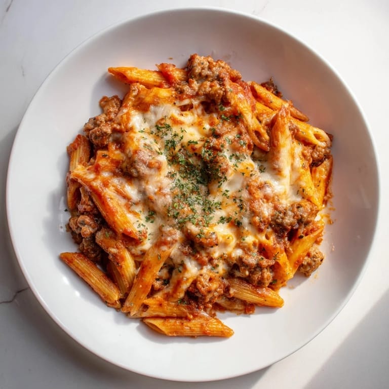 A close-up of a steaming bowl of Budget Sausage and Cheese Pasta Bake, packed with savory sausage.