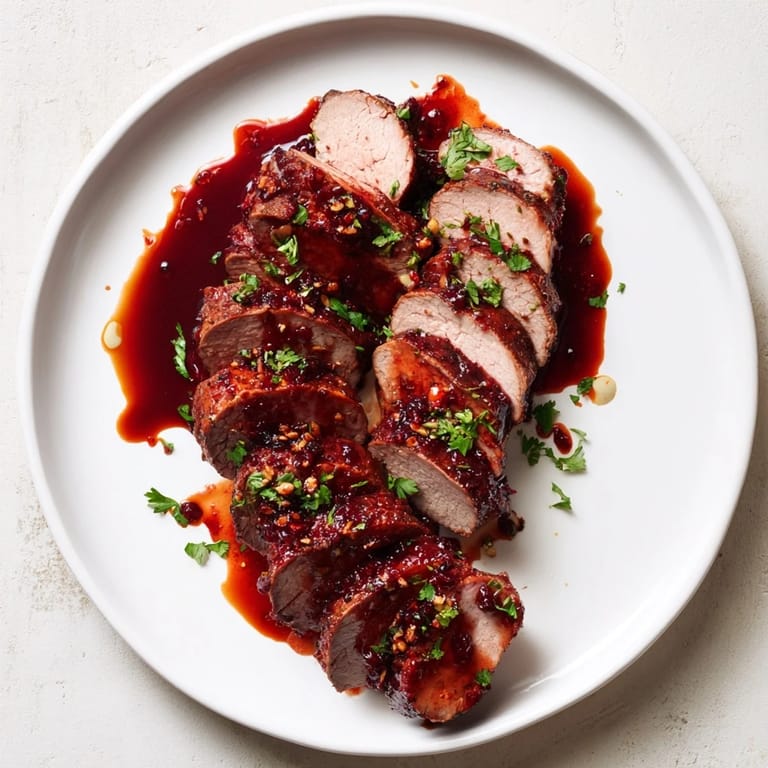 Close-up of tender, juicy Tart Cherry Date Glazed Pork Tenderloin showcasing the rich, fruity sauce.
