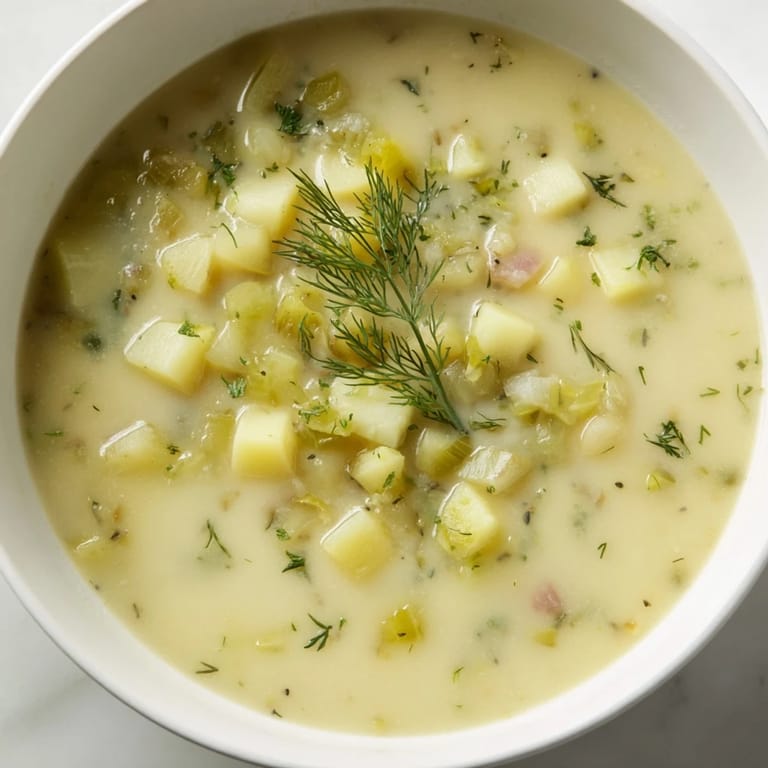 This close-up showcases a steaming bowl of Creamy Dill Pickle Soup, brimming with potatoes and pickles.