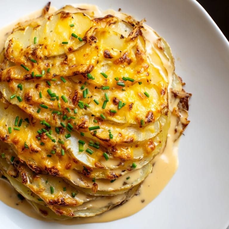 Melting Gruyère and cheddar top these creamy cheesy scalloped potatoes, bubbling after baking to perfection.