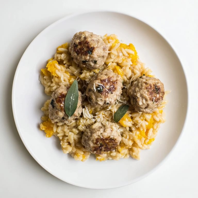 A close-up of savory sage turkey meatballs served atop creamy pumpkin orzo, wonderfully delicious.