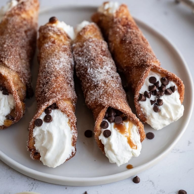 Chocolate-drizzled Churro Cheesecake Cones: a beautiful close-up of this delicious American-Mexican fusion dessert.