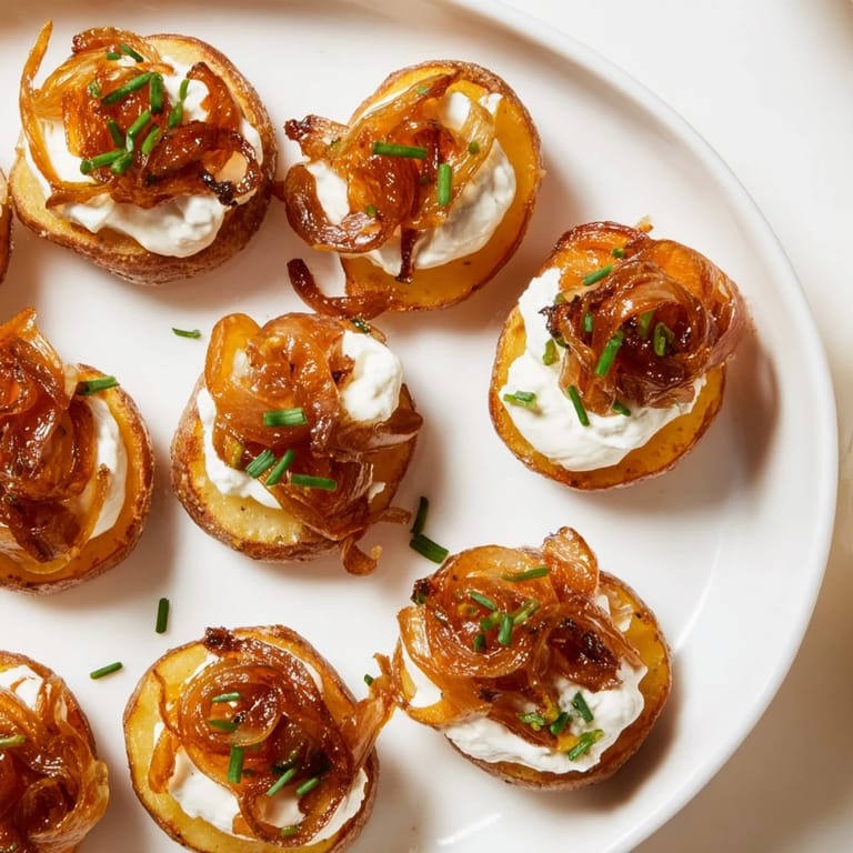 A platter of warm, savory Lightened French Onion Potato Bites, perfect for a party appetizer.