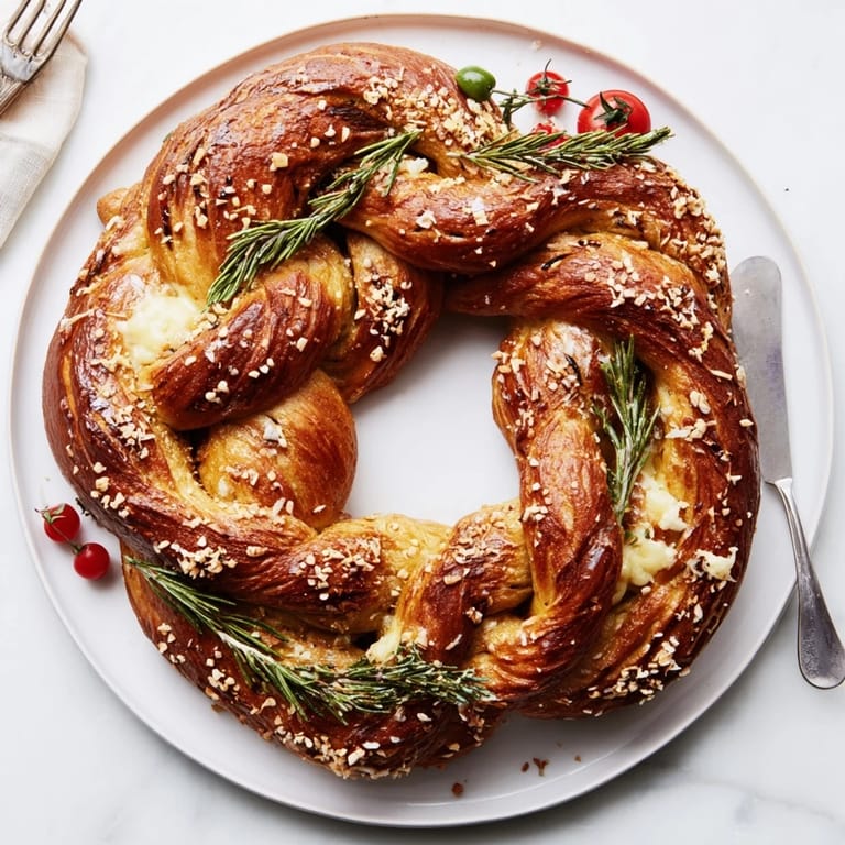 A close-up view of the baked Budget Holiday Pretzel Wreath, ready to be adorned with Rosemary.