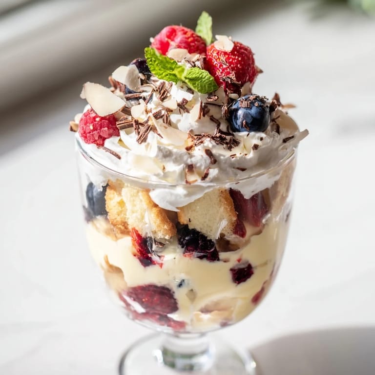 Close-up of a Christmas Trifle Cup, each layer beautifully arranged for a no-bake, easy dessert.
