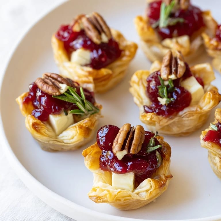 Enjoy the melted Brie with tart cranberry sauce atop flaky pastry squares in these Express Cranberry Sauce Brie Bites.