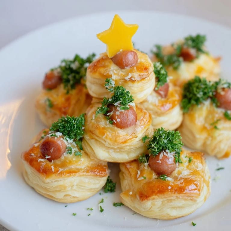 Enjoy delicious, flaky, and savory Express Pigs in Blanket Christmas Tree shaped like a holiday centerpiece, perfect for dipping.