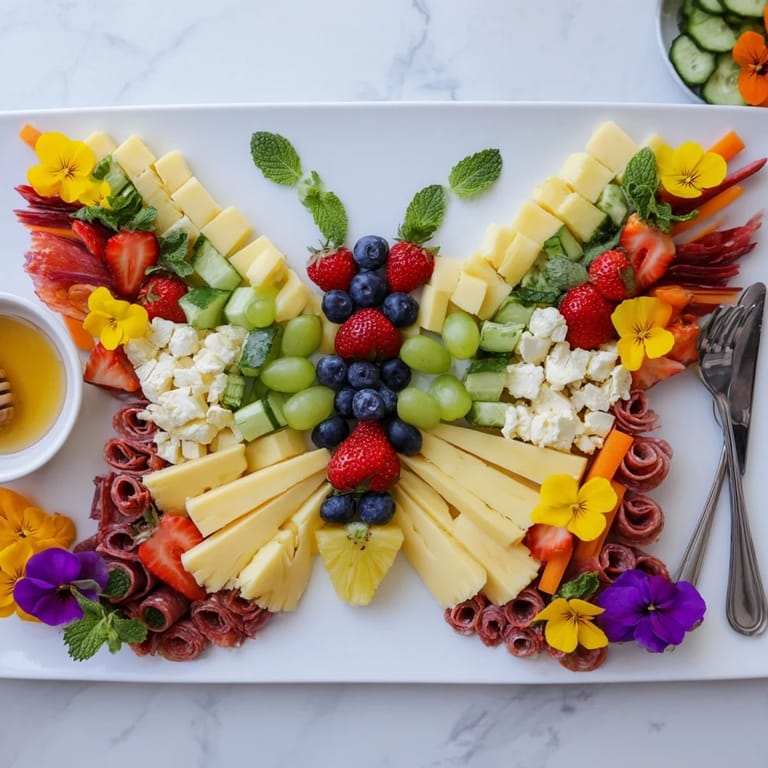 Vibrant Butterfly Summer Board artfully displays a delicious spread with fresh ingredients on a platter.