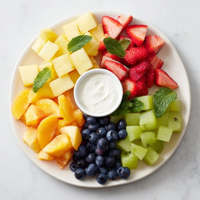 Vivid Beach Ball Fruit Platter: a rainbow of strawberries, pineapple, and blueberries displayed beautifully.