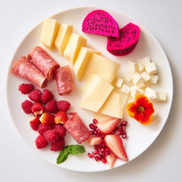 A beautifully arranged Flamingo Paradise Board showcasing prosciutto, berries, and pink watermelon slices for a party.