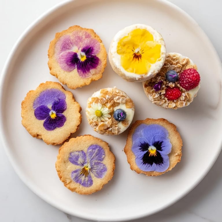 Enjoy this vibrant spring flower dessert tray, showcasing diverse textures and floral garnishes.