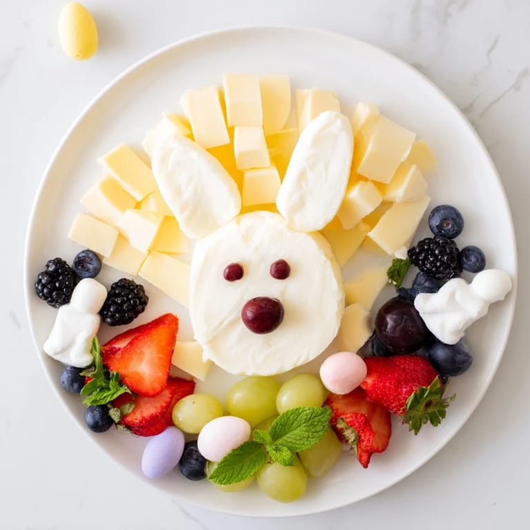 This Bunny Ears Easter Board features a vibrant array of fresh fruits, cheeses, and adorable Easter treats.