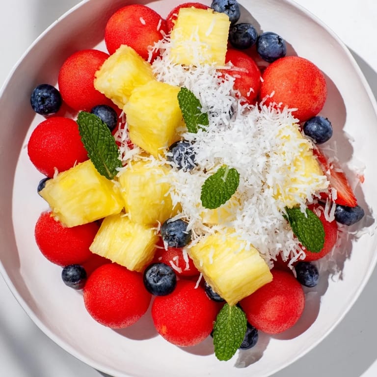 Freshly cut pineapple and mango create a beautiful, healthy Tropical Pineapple Platter, ideal for sharing.