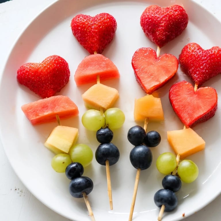 These beautiful Berry Good Heart Fruit Skewers feature bright red hearts of fruit, ready to eat and enjoy.
