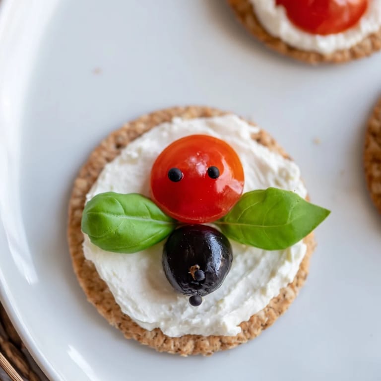 Cute Ladybug Love Picnic Finger Foods: Bite-sized treats with creamy cheese, fresh basil, and balsamic spots for kids.