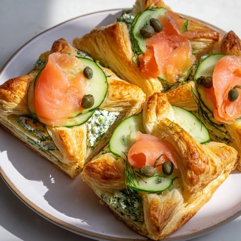 Close-up of flaky Étoiles Filantes appetizer with a flavorful herbed cream cheese filling and crispy pastry.